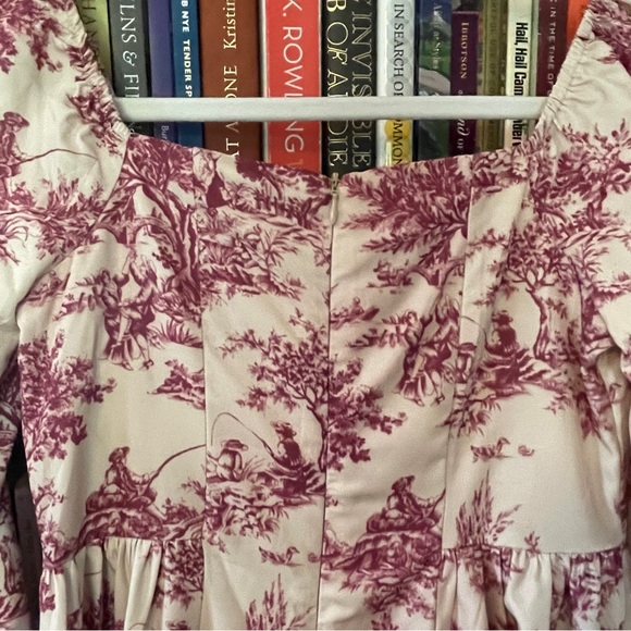 Dazy Burgundy and Cream Toile Dress with Ballon Sleeves Bustier Top Basque Waist - Picture 10 of 12